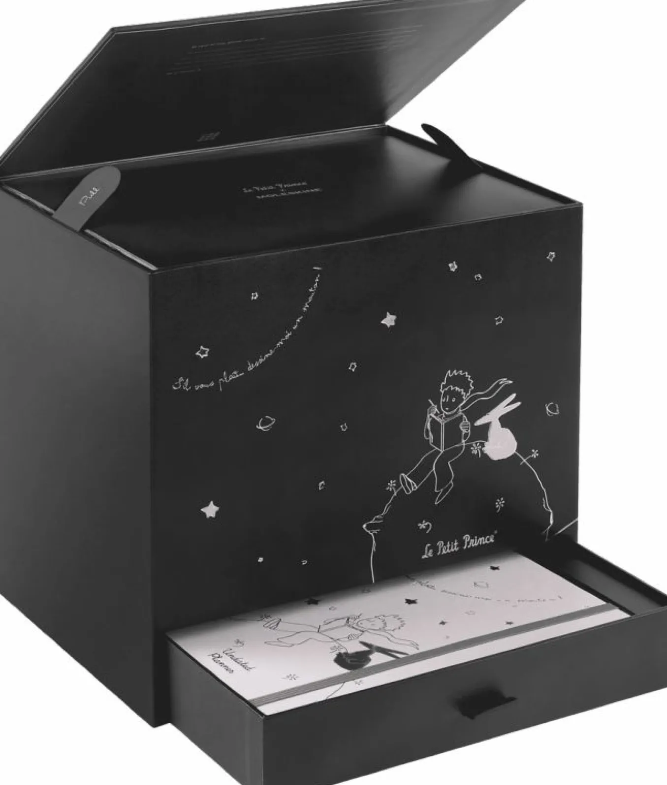 Le Petit Prince Collector's Box Large ruled notebook, Large Undated Planner, Le Petit Prince statuette, Gift Box Black
